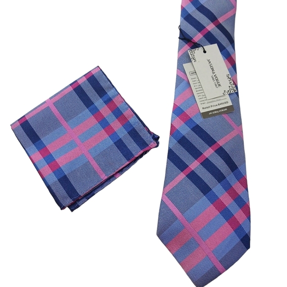 Jason & Vogue Mens Silk Tie & Pocket Square Purple Striped NWT - Picture 1 of 6